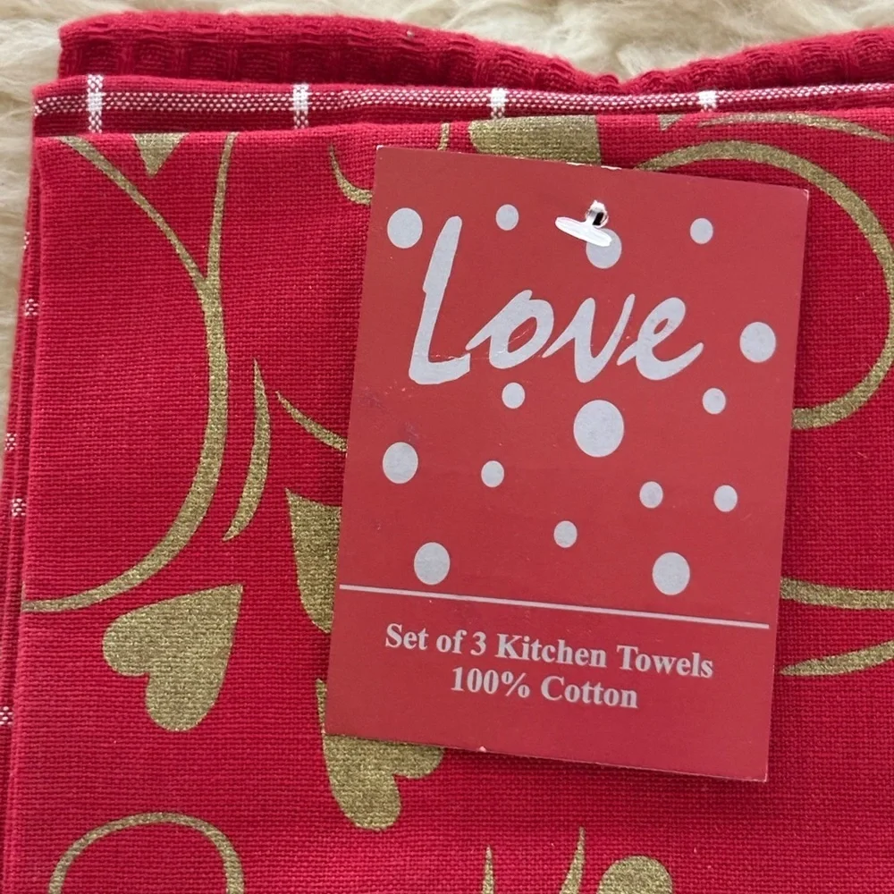 ❤️ Set/3 Red and Gold Cotton Kitchen Towels